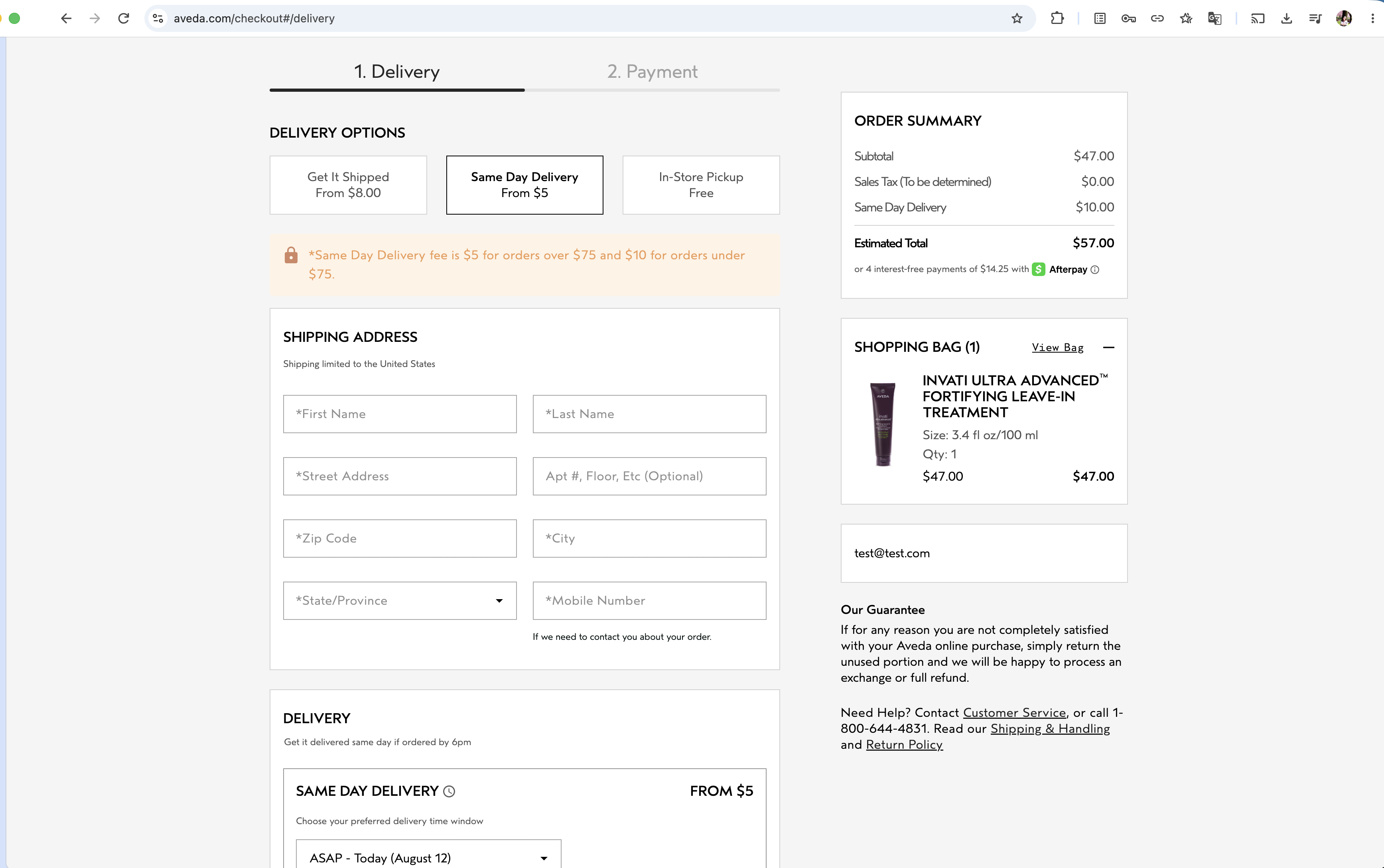 screen shot of aveda.com checkout